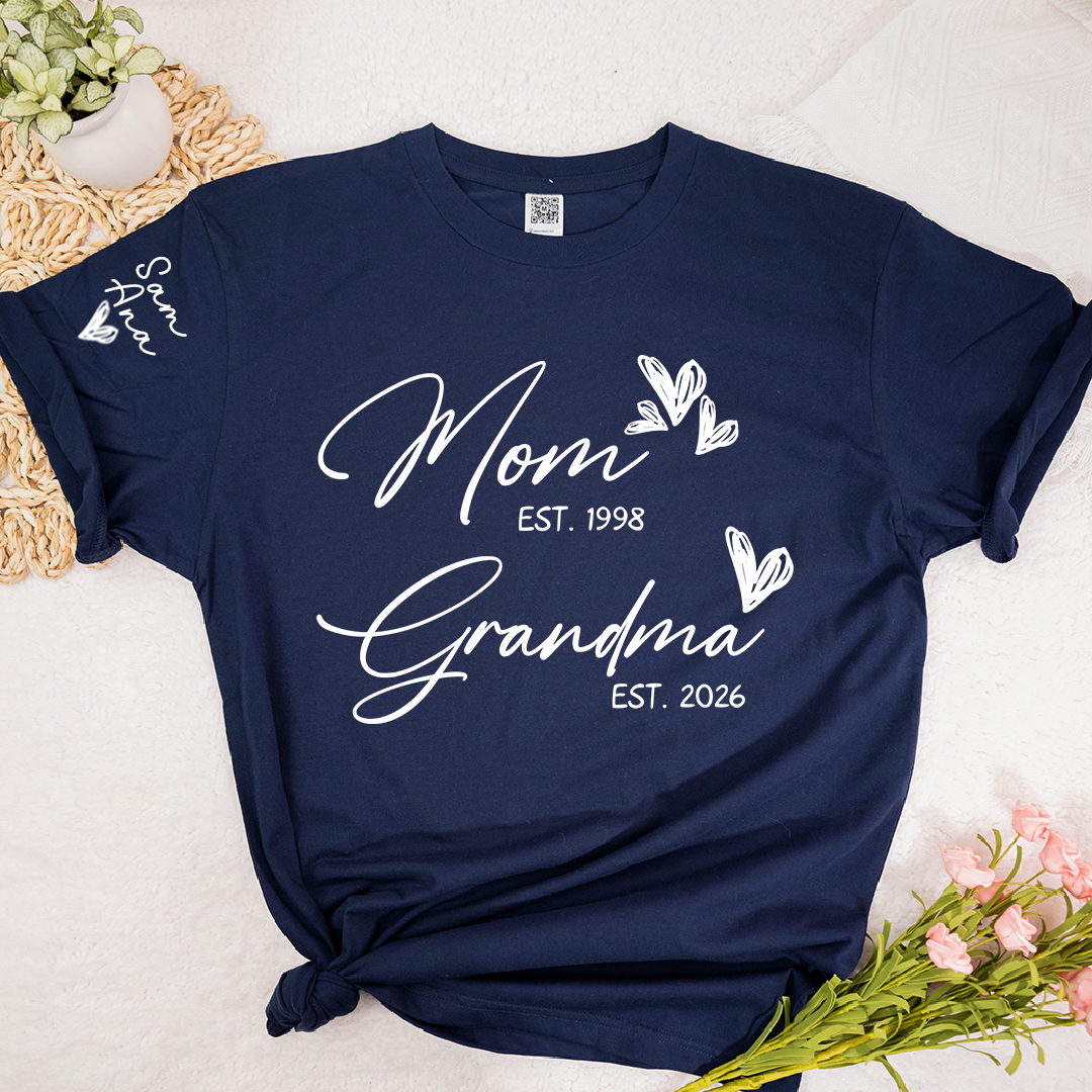 Personalized Mom and Grandma T-Shirt, Custom EST Year T-Shirt with Heart and Arrow Design for Mom and Grandma
