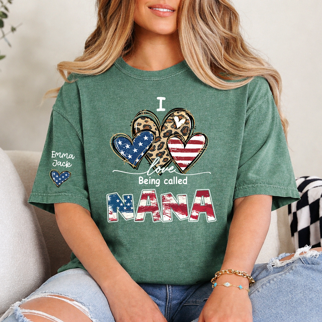Custom I Love Being Called Nana Flag Heart T-shirt, Grandma Shirt with Kids, Mother's Day Gift for Grandma