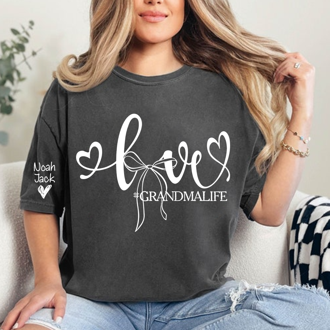 Personalized Grandma Life T-Shirt, Custom Name Graphic Tee with Love and Bow Design
