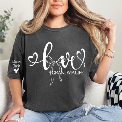 Personalized Grandma Life T-Shirt, Custom Name Graphic Tee with Love and Bow Design