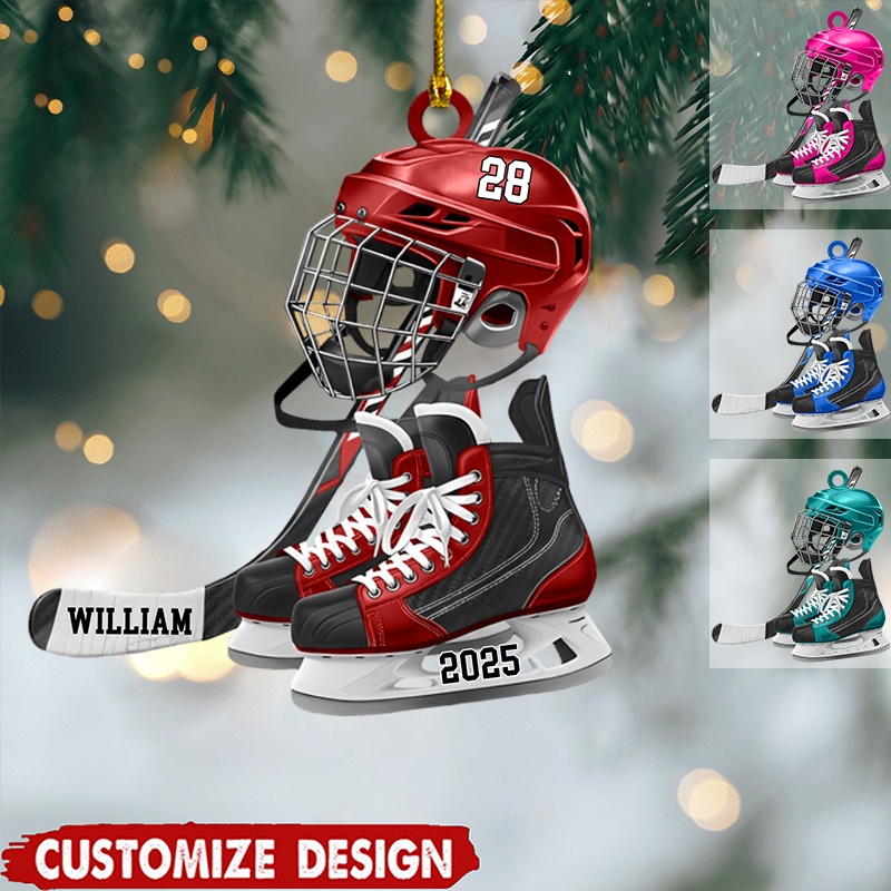 Personalized Hockey Helmet & Skates Ornament 2025, Custom Acrylic Decoration With Name And Number, Unique Christmas Gift For Hockey Players And Fans Ornament