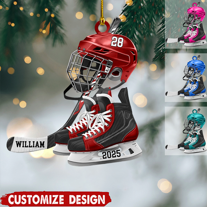 Personalized Hockey Helmet & Skates Ornament 2025, Custom Acrylic Decoration With Name And Number, Unique Christmas Gift For Hockey Players And Fans Ornament