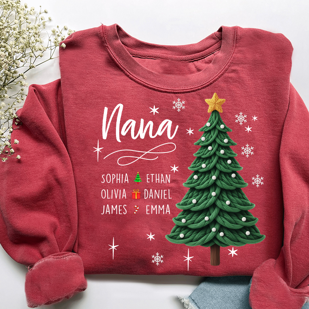 Nana Christmas Sweatshirt with Grandkids’ Names, Cute Tree Holiday Gift