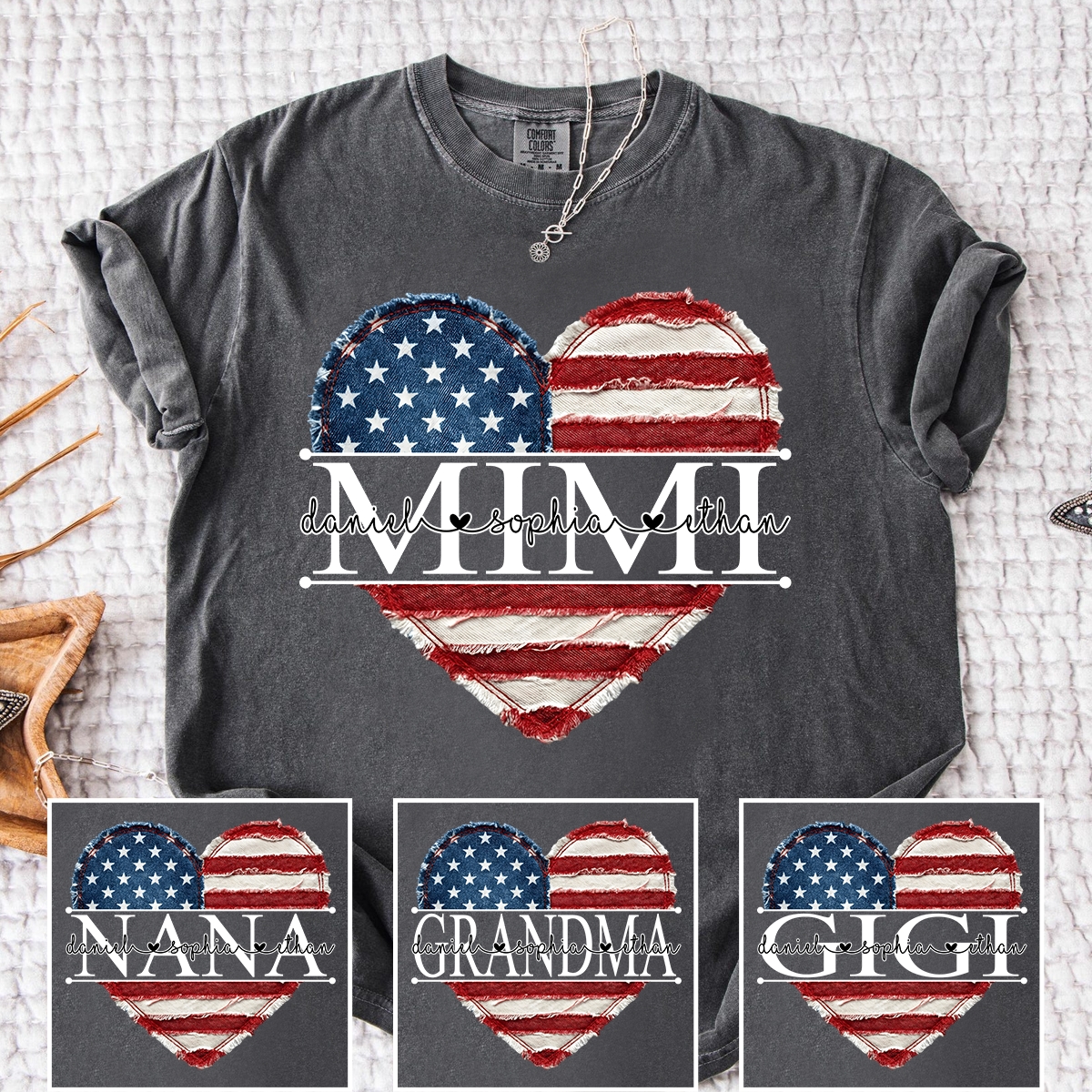 Comfort Colors Mimi Shirt with USA Flag Heart, Personalized with Kids Names, Custom Grandmother T Shirt, Ideal for Mother's Day, Patriotic Gift