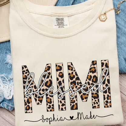 Comfort Colors® -Blessed Mimi Leopard Print T-Shirt – Personalized Grandma Tee with Grandkids' Names – Custom Gift for Mimi
