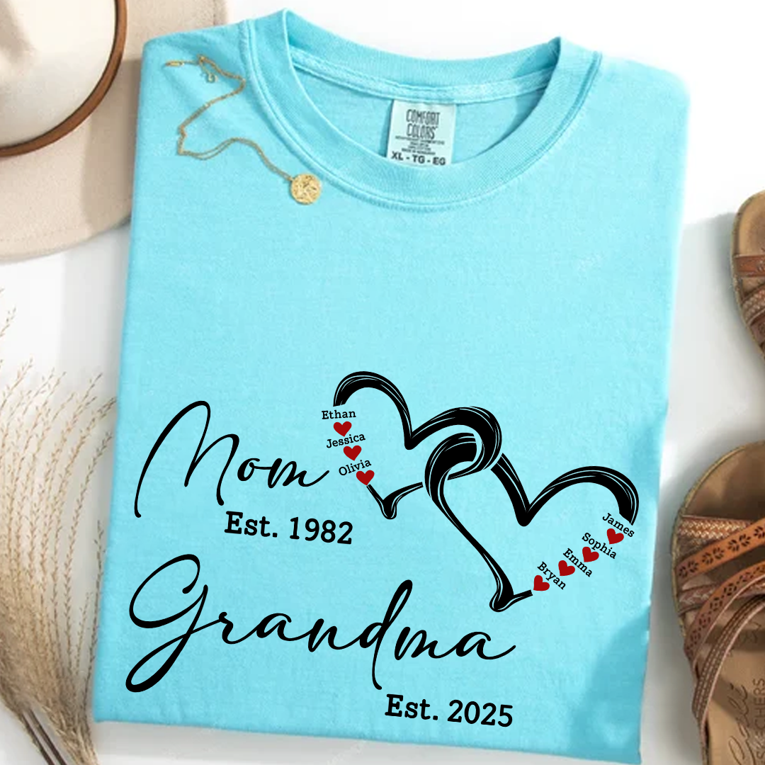 Custom Comfort Colors® Mom Est Grandma Est Hearts Kids Name