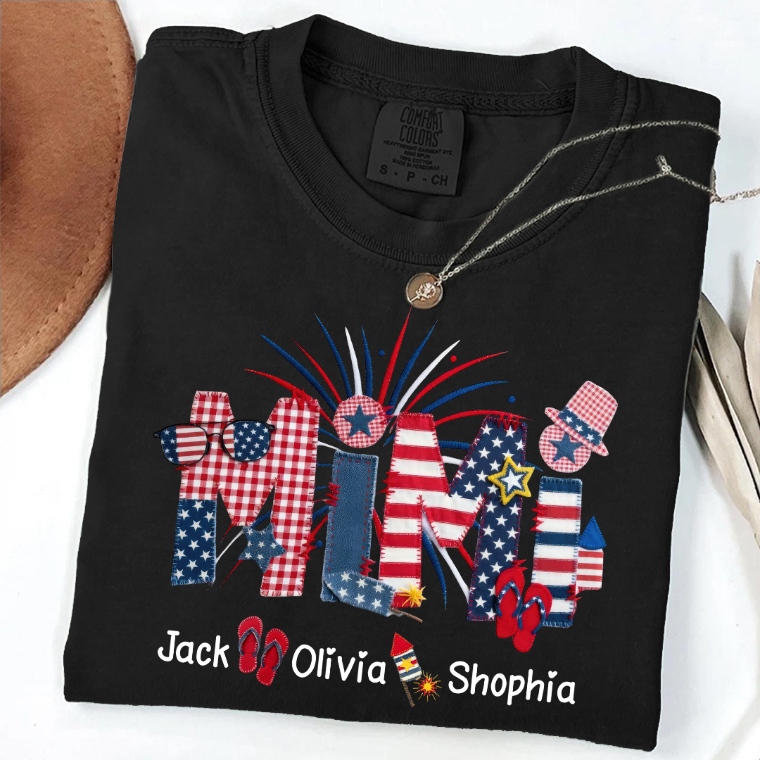 Comfort Colors Mimi Custom T Shirt with Patriotic Design & Grandkids' Names, Perfect for 4th of July