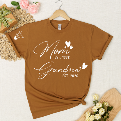 Personalized Mom and Grandma T-Shirt, Custom EST Year T-Shirt with Heart Design for Family