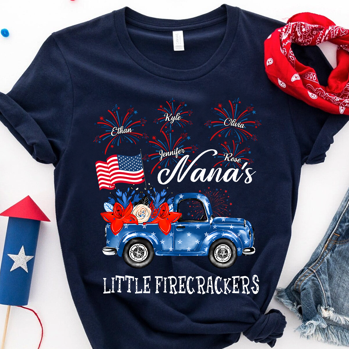 American Flag Nana Shirt Little Firecrackers Patriotic Family Independence Day Tee