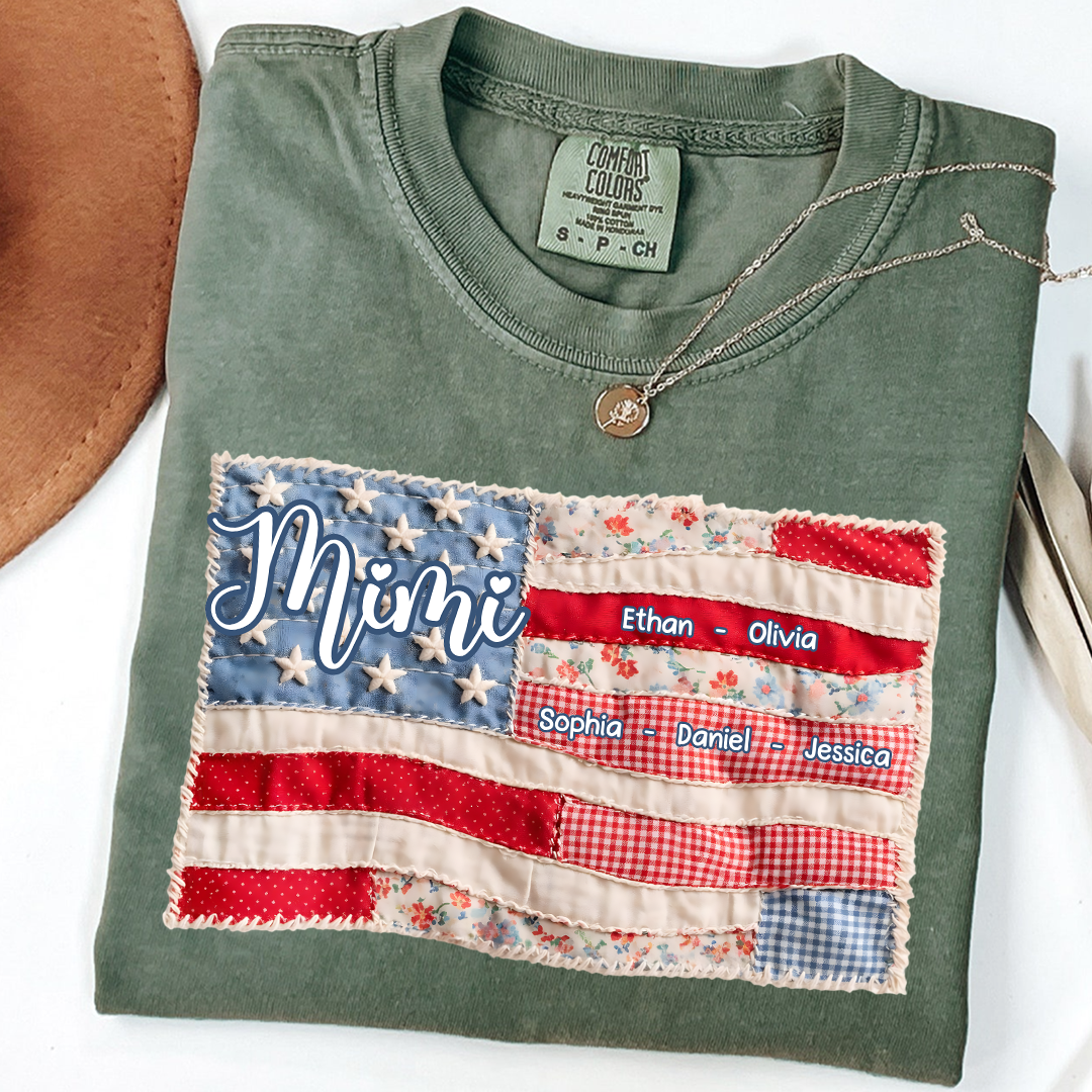 Comfort Colors Personalized Mimi Shirt with Family Names, Custom American Flag Design, Ideal Gift for Grandmother