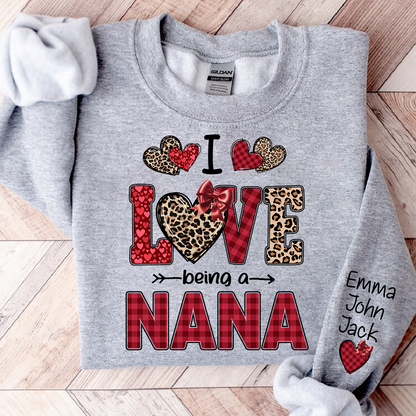 I Love Being a Nana Sweatshirt, Leopard and Plaid Heart Valentine Family Crewneck