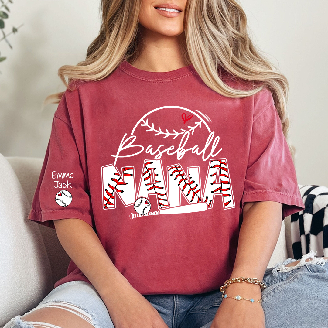 Baseball Nana Shirt Personalized with Grandkids Names, Sports Heart and Bat Family T Shirt