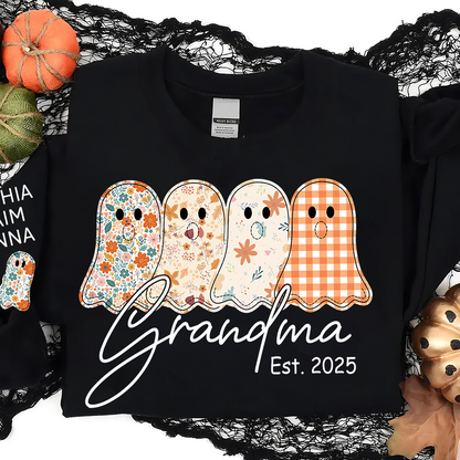 Personalized Fall Ghost sweatshirt, Custom Kids name on sleeve, For Gift Grandma