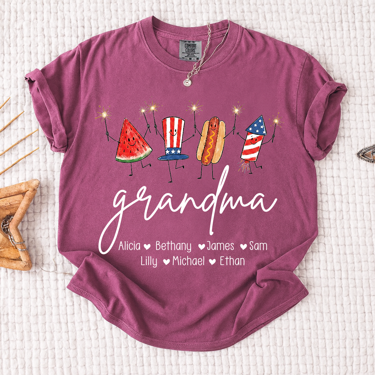 Comfort Colors® Personalized Grandma 4th of July Shirt with Grandkids Names, Patriotic Firecracker Family Tee, Custom Independence Day Grandma Gift