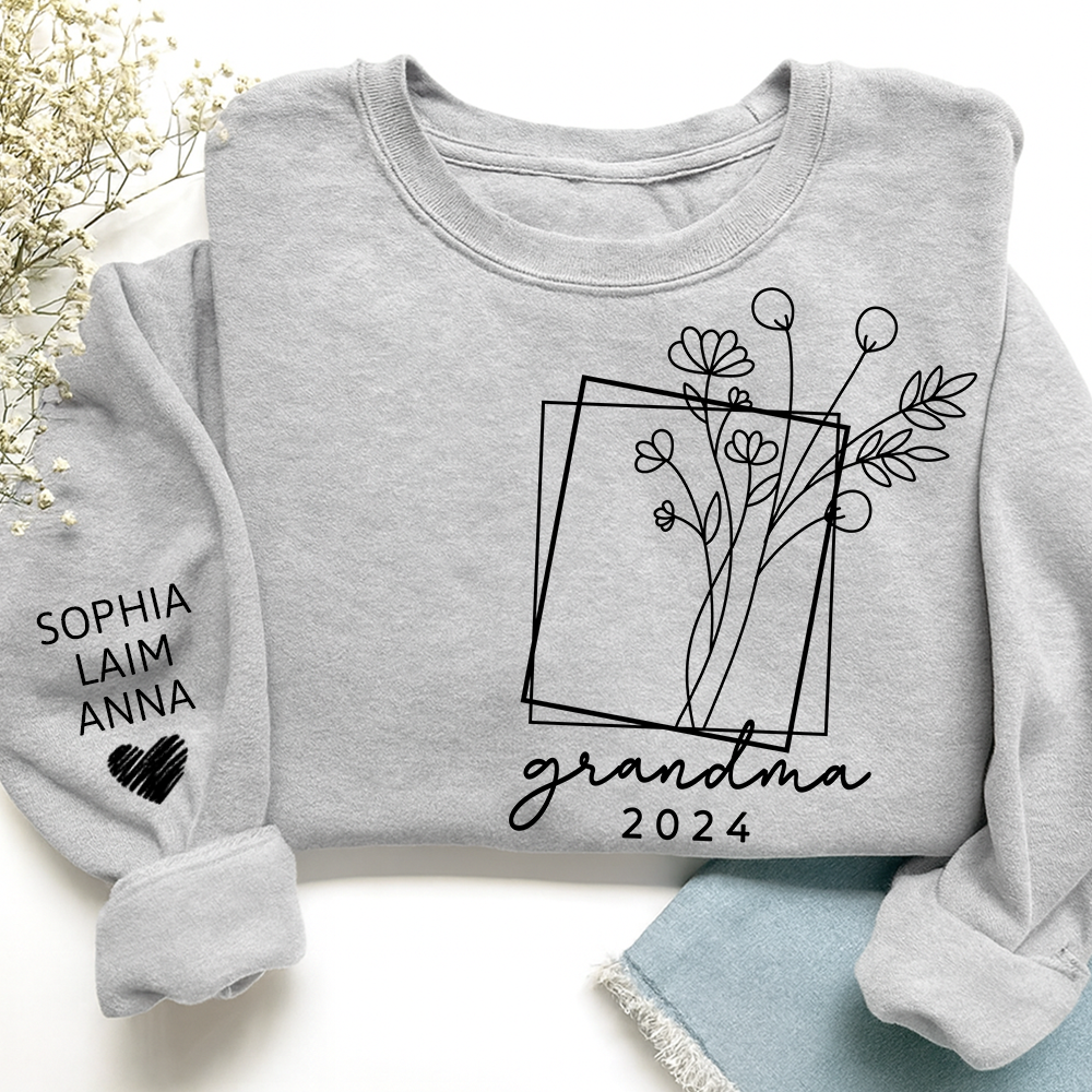 Fall Floral Design Sweatshirt with Flowers, Custom Nickname Grandma And Kids