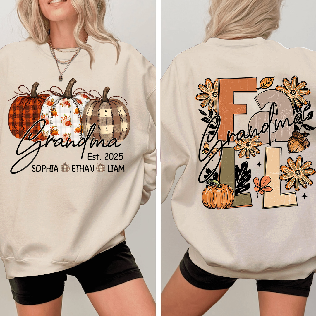 Grandma Autumn Sweatshirt, Pumpkin Floral Shirt with Custom Grandkids Names