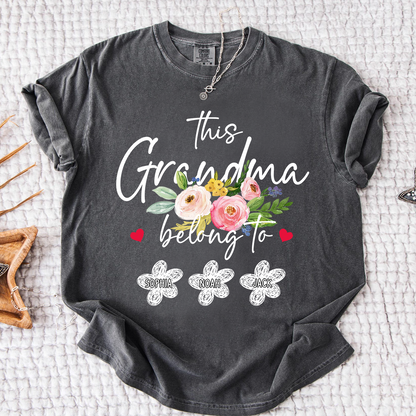 Comfort Colors Custom Grandma T-Shirt, This Grandma Belongs to Personalized with Kids Names and Flower Design