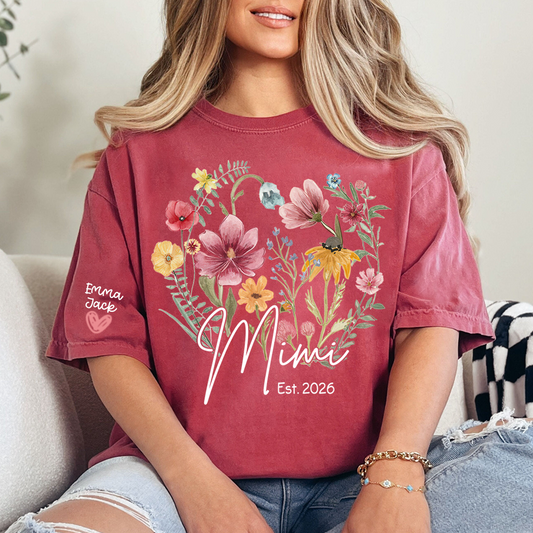 Mimi Est T-Shirt Personalized with Grandkids Names, Wildflower Floral Family Tee