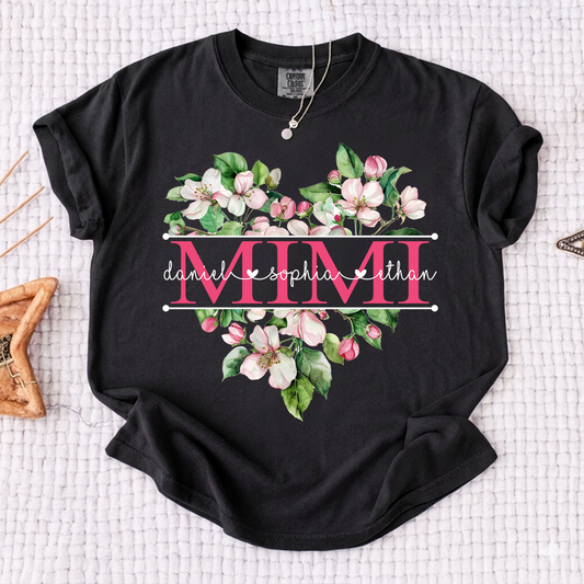 Comfort Personalized Mimi Flower Heart Shirt, Custom Names Family Gift T Shirt