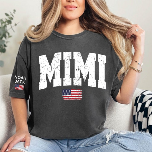 Mimi Patriotic Shirt with American Flag, Personalized Grandkids Names Family T Shirt