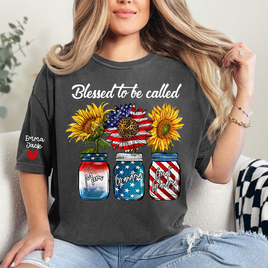Blessed to be Called Nana Shirt, Custom Family T-Shirt with Sunflower and Flag Design, Give Family