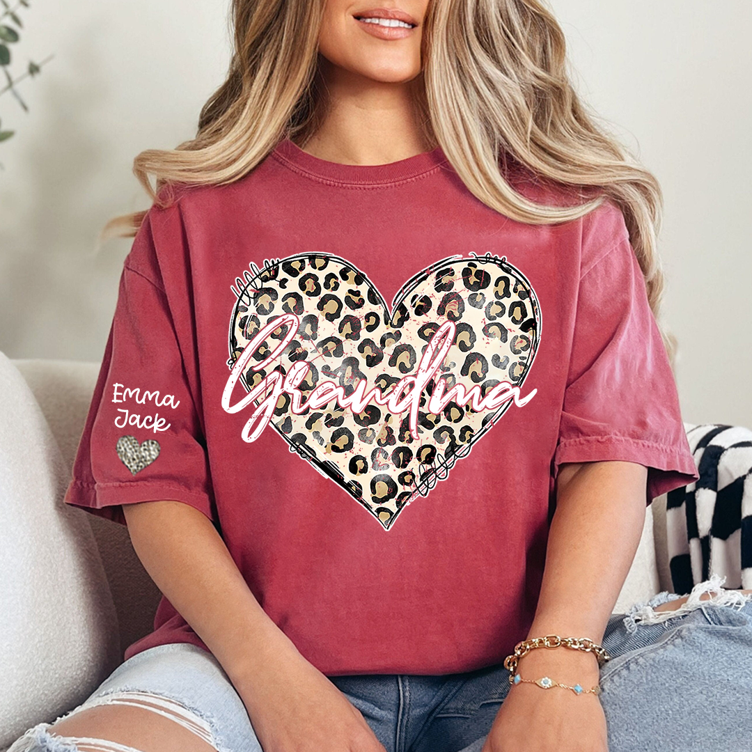 Personalized Grandma Shirt with Leopard Heart Design, Custom Family T Shirt