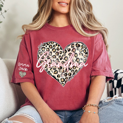 Personalized Grandma Shirt with Leopard Heart Design, Custom Family T Shirt
