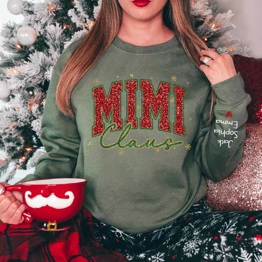 Personalized Mimi Claus Glitter Sweatshirt - Custom Christmas Sweater with Grandkids' Names - Festive Holiday Apparel for Grandmas