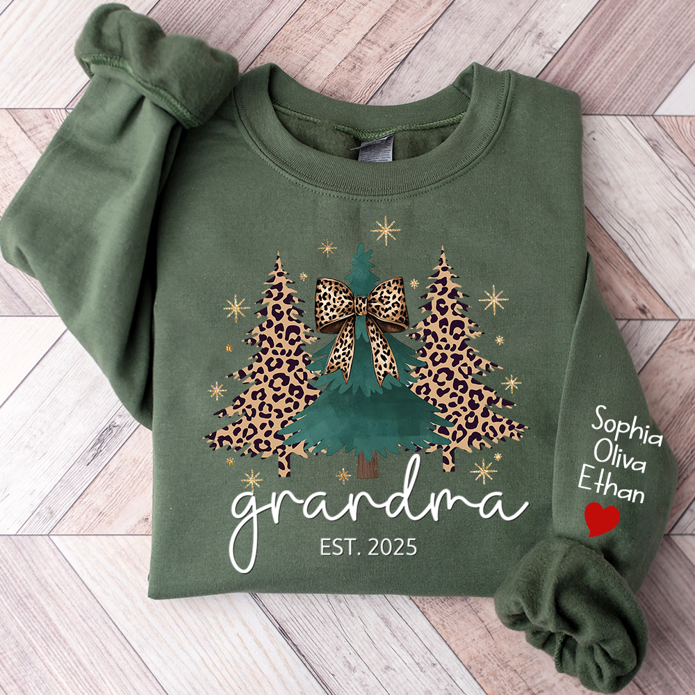 Christmas Sweater Printed with Personalized Name, Leopard Christmas Tree Personalized Gift for Grandma