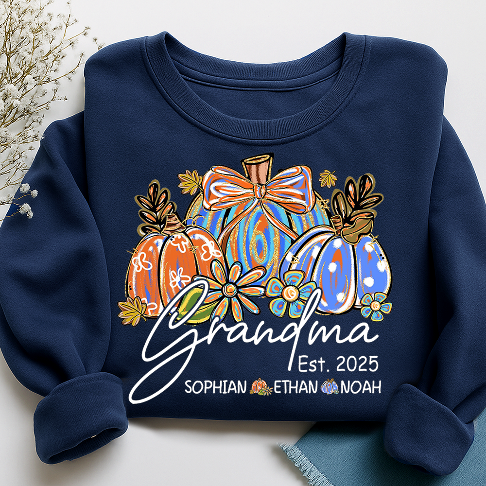 Fall Pumpkin Print Sweatshirt with Pumpkin Brush Pattern, Custom Gifts for Grandma and Grandchild