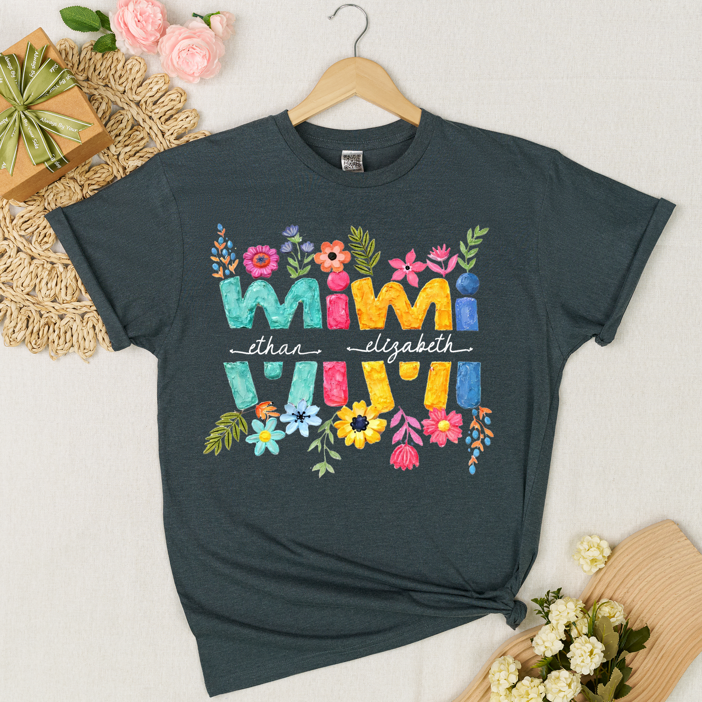 Personalized Mimi Shirt Custom Grandkids Names Floral Letter Graphic Tee Women Family Love Colorful Spring Casual Outfit Top