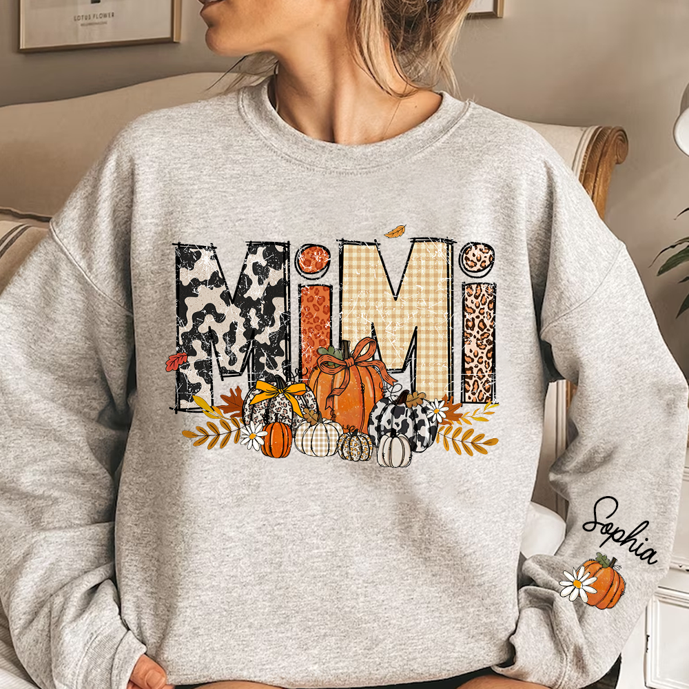 Preppy Fall Mimi Custom Grandma Pumkin Sweatshirt, Personalized For Grandma And Kids