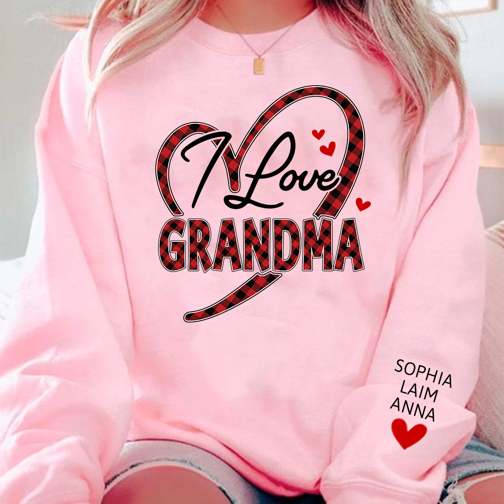 Custom Grandma Sweatshirt with Grandchildren Names, I Love Grandma Plaid Heart Crewneck