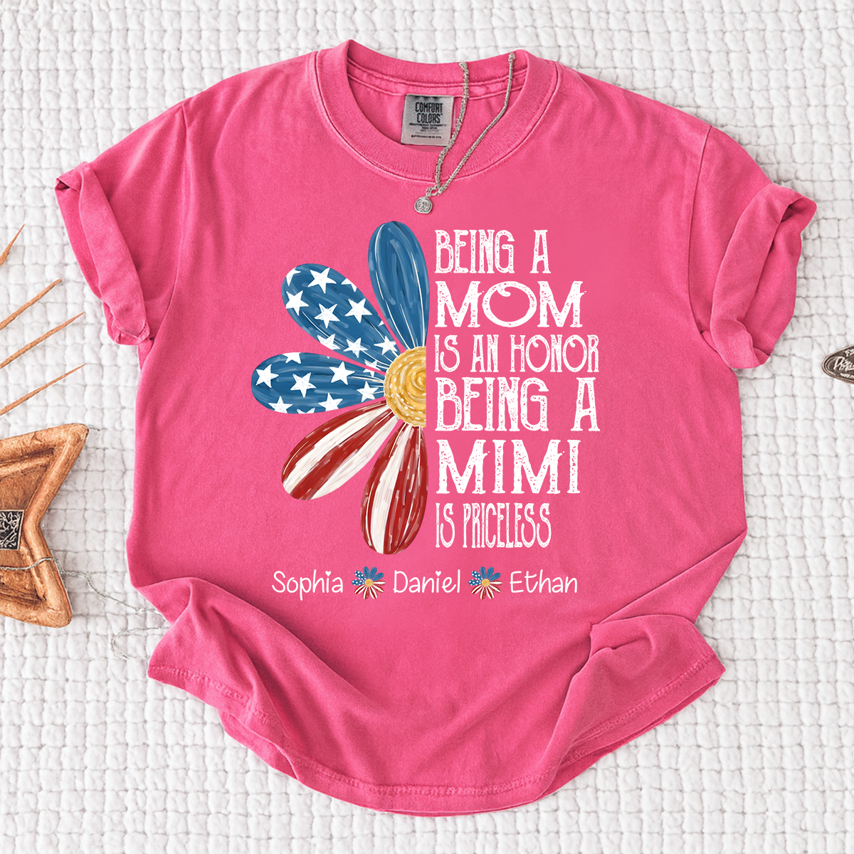 Comfort Colors Custom Mimi T Shirt with Grandkids Names USA Flag Daisy Graphic Being a Mom Is an Honor Mimi Is Priceless Family Name Personalized Apparel
