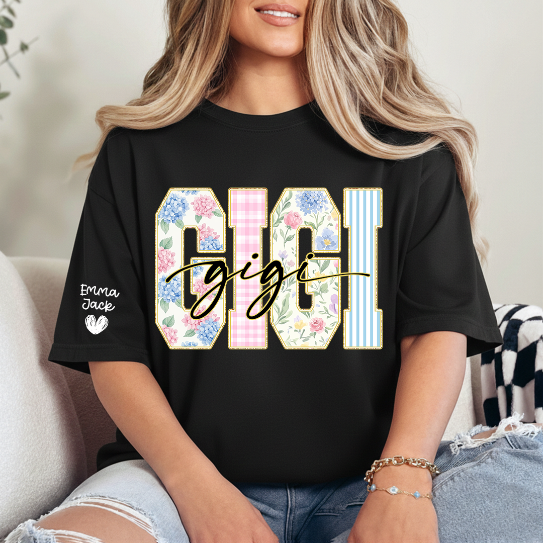 Custom Gigi T Shirt for Women, Personalized Grandma Tee, Floral Pattern Letters Graphic Shirt, Family Love Gift for Gigi