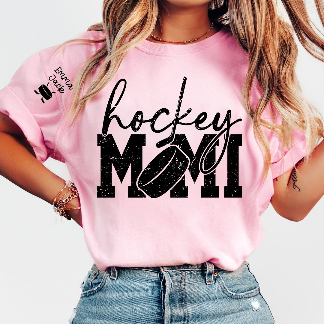 Hockey Mimi Shirt with Custom Names, Hockey Puck and Stick Design Family T Shirt
