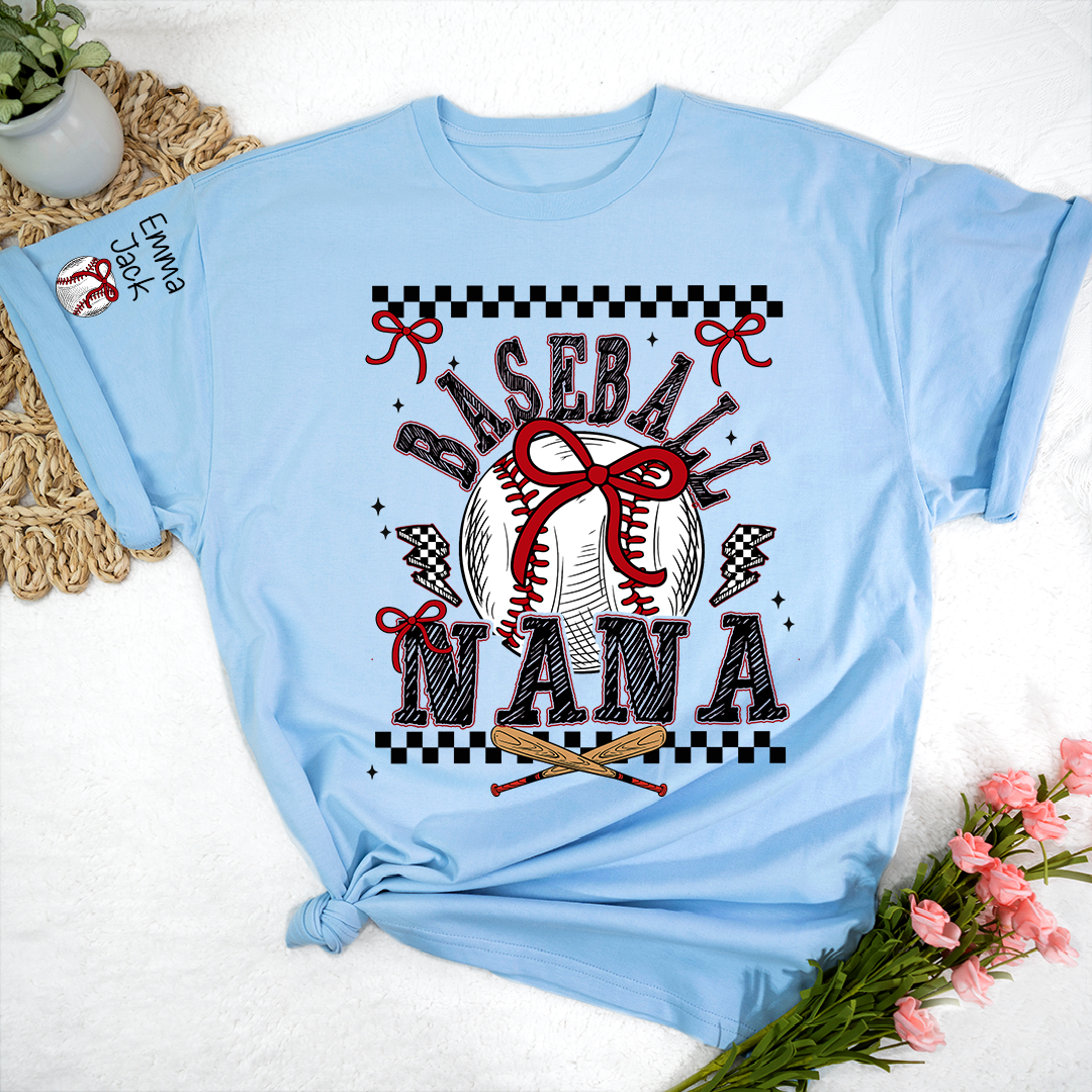Baseball Nana T-Shirt, Personalized Nana T-Shirt with Bow and Vintage Baseball Design