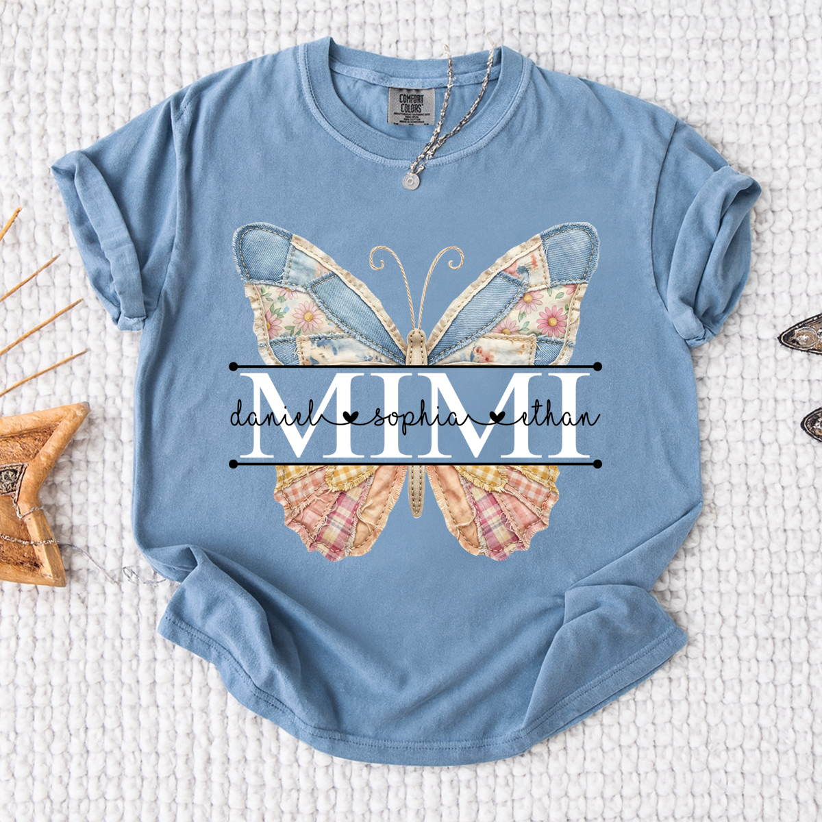 Comfort Mimi Patchwork Butterfly Shirt, Custom Grandkids Names with Floral Family Design Tee