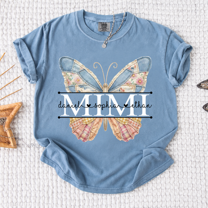 Comfort Mimi Patchwork Butterfly Shirt, Custom Grandkids Names with Floral Family Design Tee