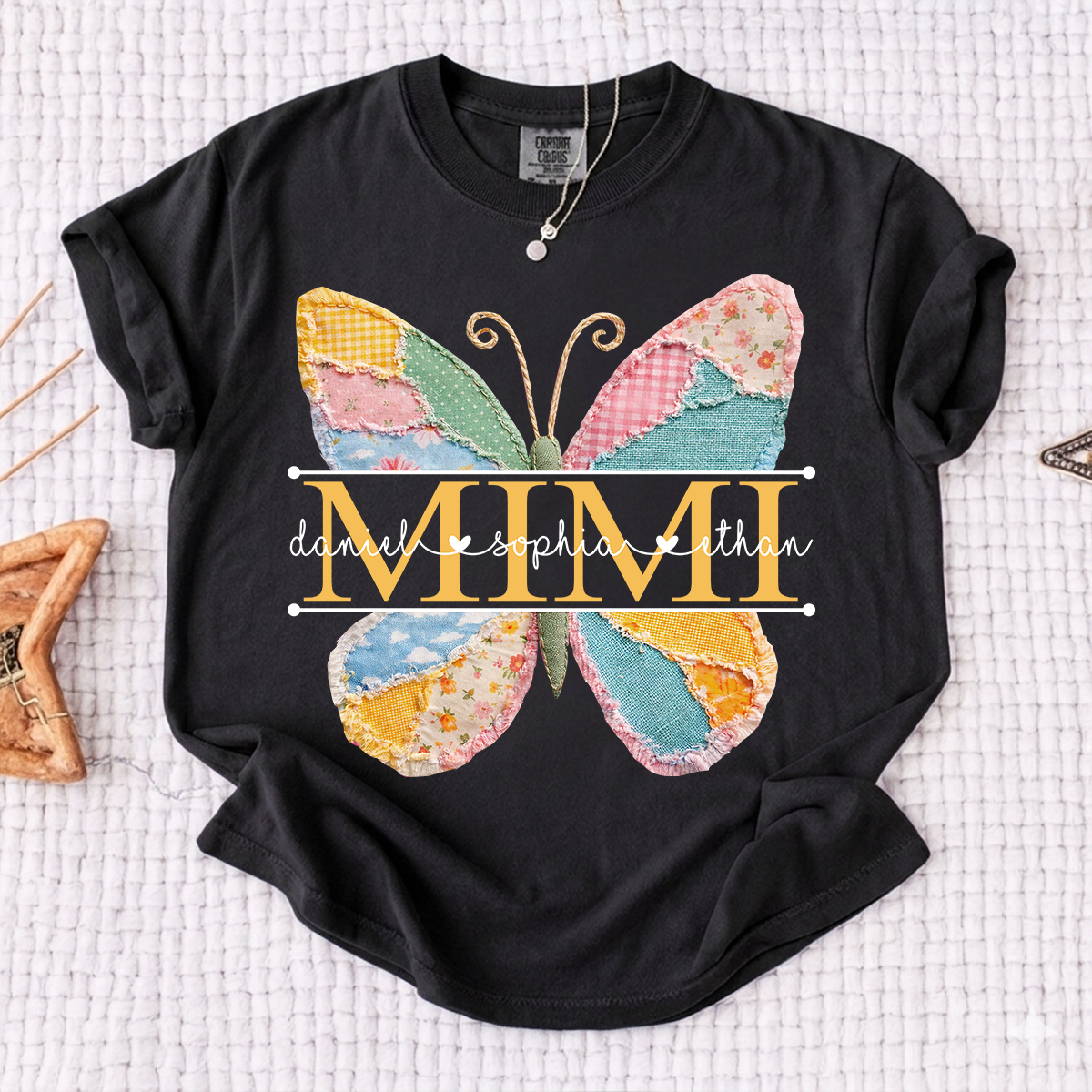 Comfort Personalized Mimi Shirt with Grandkids Names, Butterfly Patchwork Design Family Tee