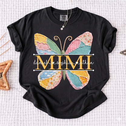 Comfort Personalized Mimi Shirt with Grandkids Names, Butterfly Patchwork Design Family Tee