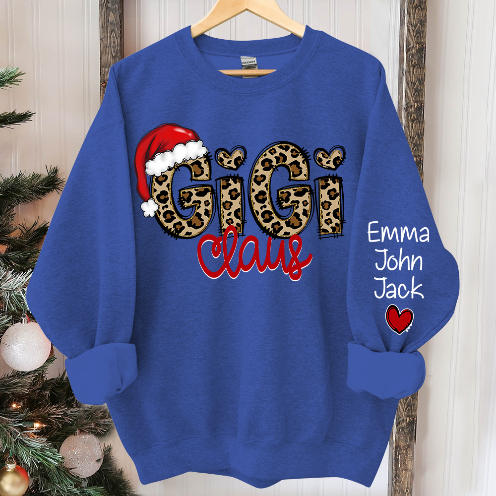 Personalized Gigi Claus Leopard Sweatshirt, Custom Grandma and Grandkids Sweatshirt