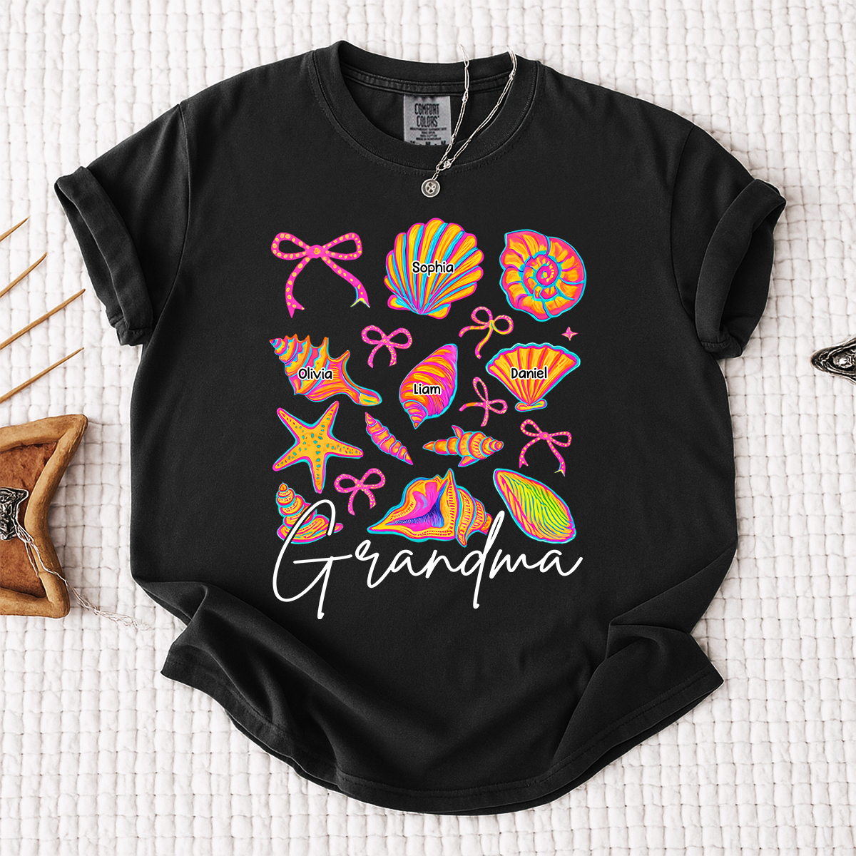 Comfort Colors Personalized Grandma Shirt with Grandkids Names, Custom Beach Seashell Grandma Tee, Coastal Summer Family Gift for Grandmother