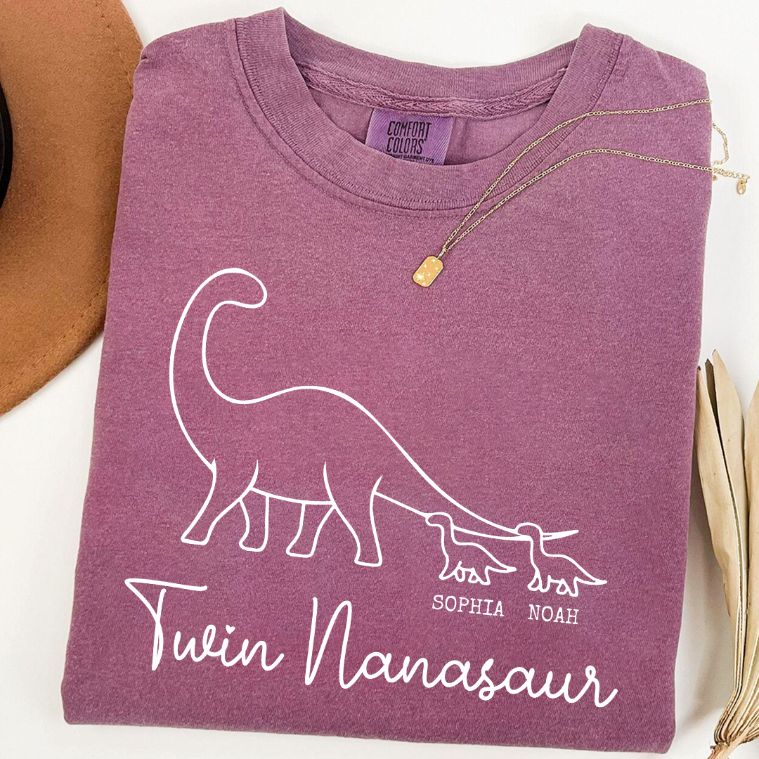 Comfort Colors® Twin Nanasaur Shirt, Personalized Dinosaur Grandma Tee, Custom Grandkids Names T Shirt, Fun Dino Grandma Gift