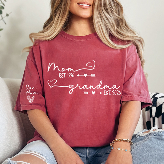 Personalized Mom and Grandma Shirt, Custom EST Year T-Shirt with Heart and Arrow Design for Mom and Grandma