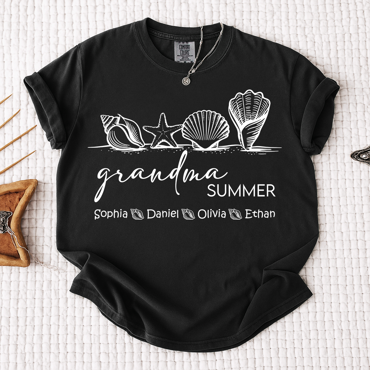 Comfort Colors Grandma Summer Vacation Shirt, Personalized Seashell T-Shirt with Kids Names, Beach Lover Grandma Family Trip Gift
