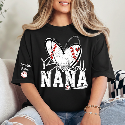 Baseball Nana Shirt, Personalized Family T Shirt with Custom Grandkids Names and Heart Design