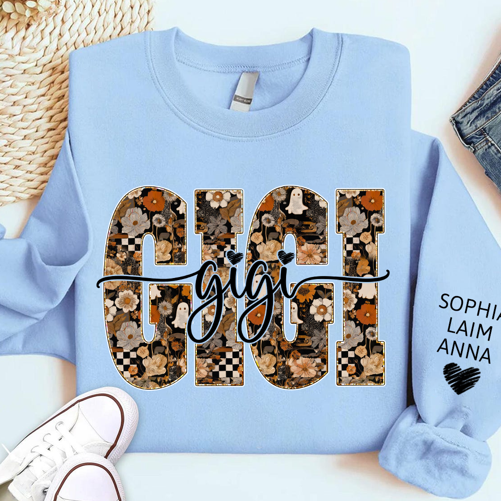 Personalized Gigi Spooky Halloween Sweatshirt with kids’ names on sleeves, Give Family