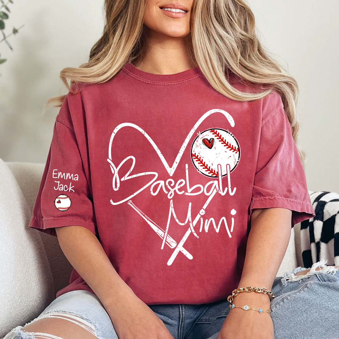 Baseball Mimi Shirt Personalized with Grandkids Names, Heart and Bat Sports Family T Shirt
