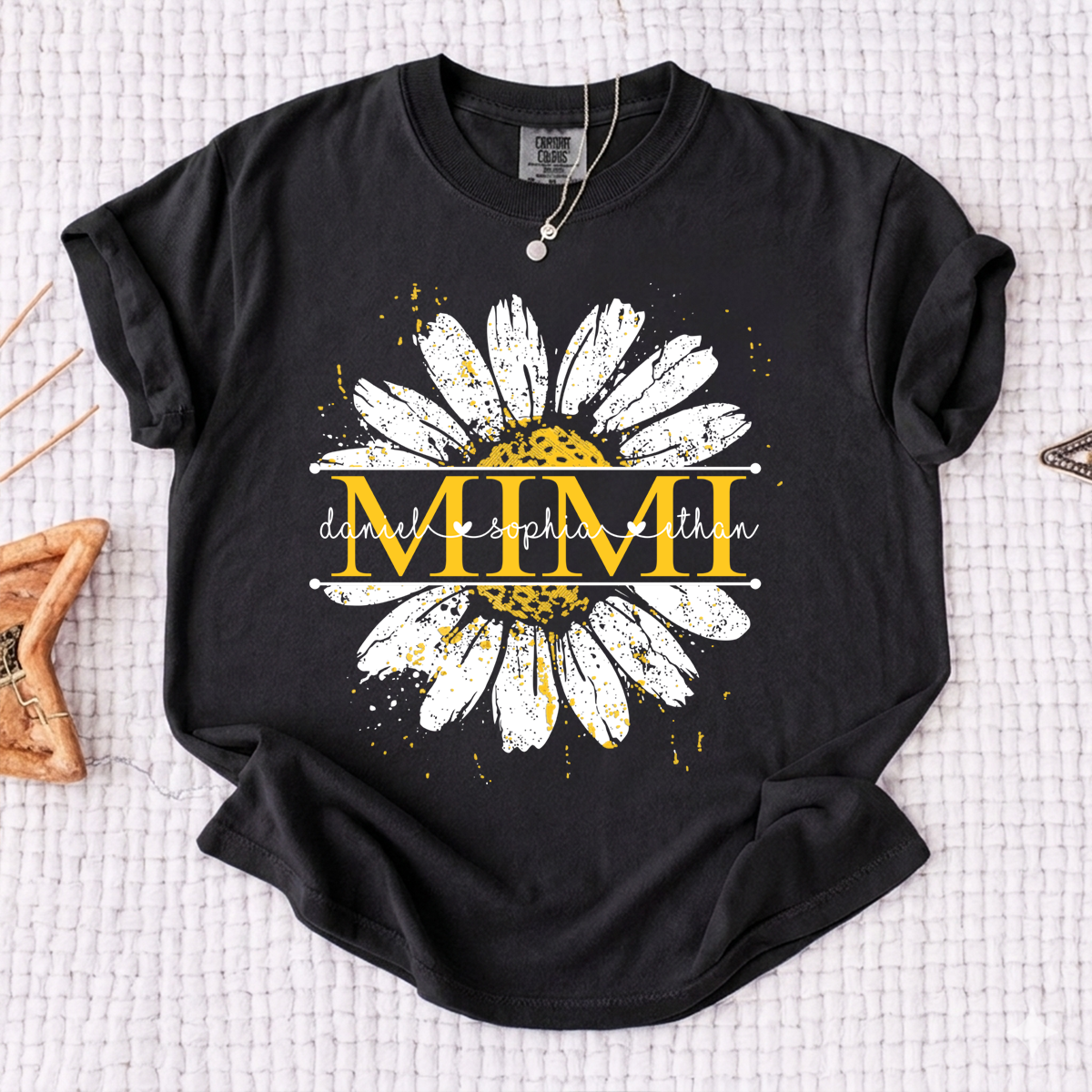 Comfort Personalized Mimi Shirt with Grandkids Names, Daisy Flower Graphic Family T Shirt